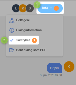 Samtykke under dropdown-menuen "info"