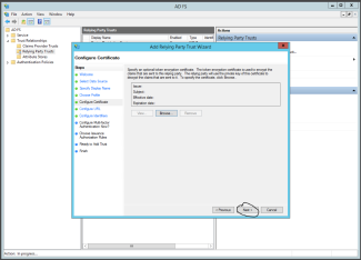 Tryk på fortsæt ved Configure Certificate i opsætningen af Relying Party Trust Wizard i ADFS