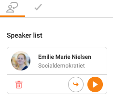 Orange "play" icon next to a speaker in the speaker list
