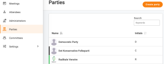 Orange "create party" button on the top right under the "parties" menu