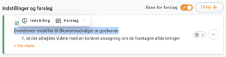 Boks med indstilling og forslag til det markerede tekststykke