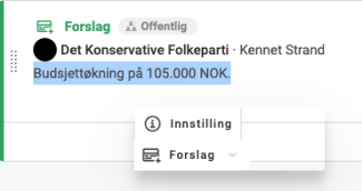 Boks med innstillinger og forslag til det valgte tekststykket