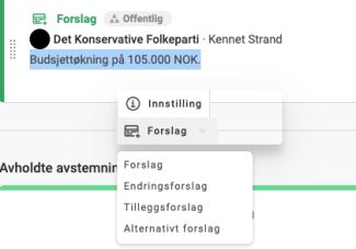 Alternativene i rullegardinmenyen for et forslag