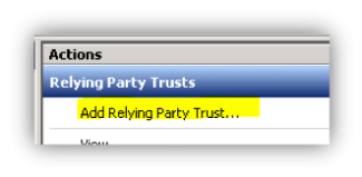 Add Relying Party Trust-knap markeret med gul