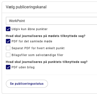 PDF for det samlede møde og PDF uden bilag markeret under publiceringsindstillinger