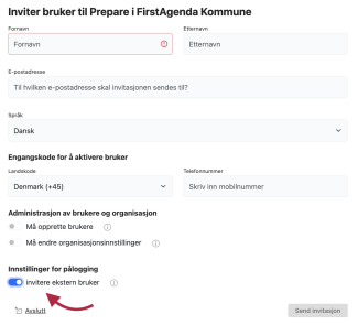 Sørg for å slå skyveknappen til 'Inviter ekstern bruker' 