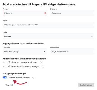 Se till att aktivera reglaget bredvid "Bjud in extern användare".