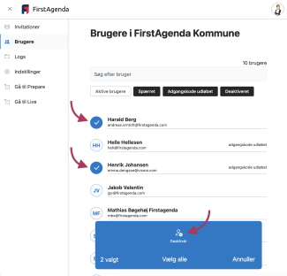 Marker brugere og klik på 'Deaktiver'