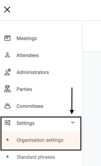 Organisation settings in the left side menu