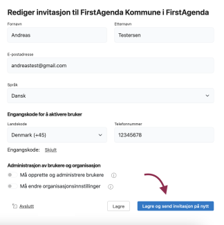 Klikk på "Lagre og send på nytt" for å sende invitasjonen på nytt.