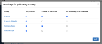 Publiseringsinnstillingene for utvalgene.