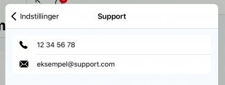 Eksempler på support-mail og telefonnummer