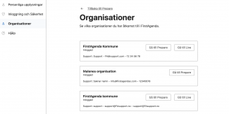 en lista över alla de organisationer som din användare är kopplad till 