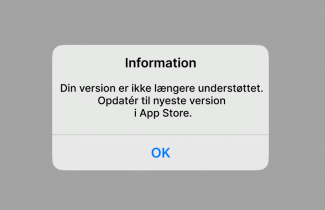 Pop up med besked om at appen skal opdateres