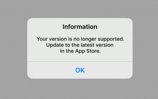 Pop-up message stating that the app needs to be updated