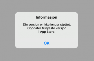 Pop-up melding om at appen må oppdateres