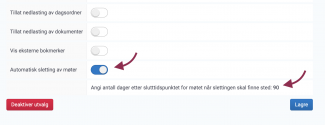 Klikk på skyveknappen ved siden av "Automatisk sletting av møter" slik at den blir blå.