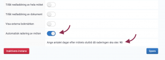 Klicka på reglaget bredvid "Automatisk radering av möten" så att det blir blått