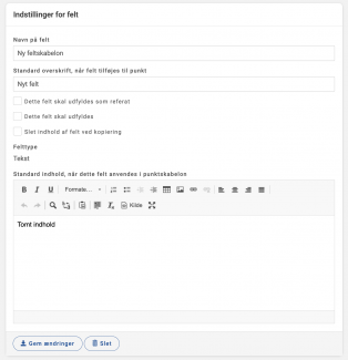 Indstillinger du kan lave på feltskabelonen