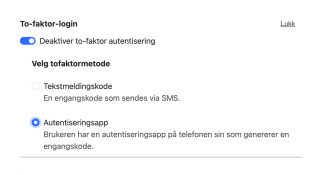 Velg nå hvilken metode brukerne skal bruke for to-faktor-innlogging 