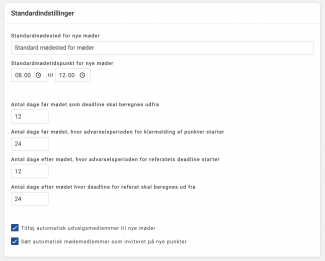 Standardindstillinger for udvalg