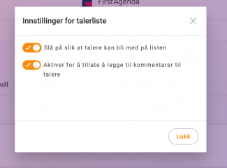 Skjermbilde av flere innstillinger for talerlisten