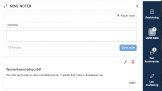 Tryk på opret note i højremenuen for at oprette en note