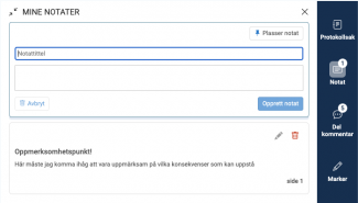 Trykk på 'Opprett notat' i høyre-menyen for å opprette et notat